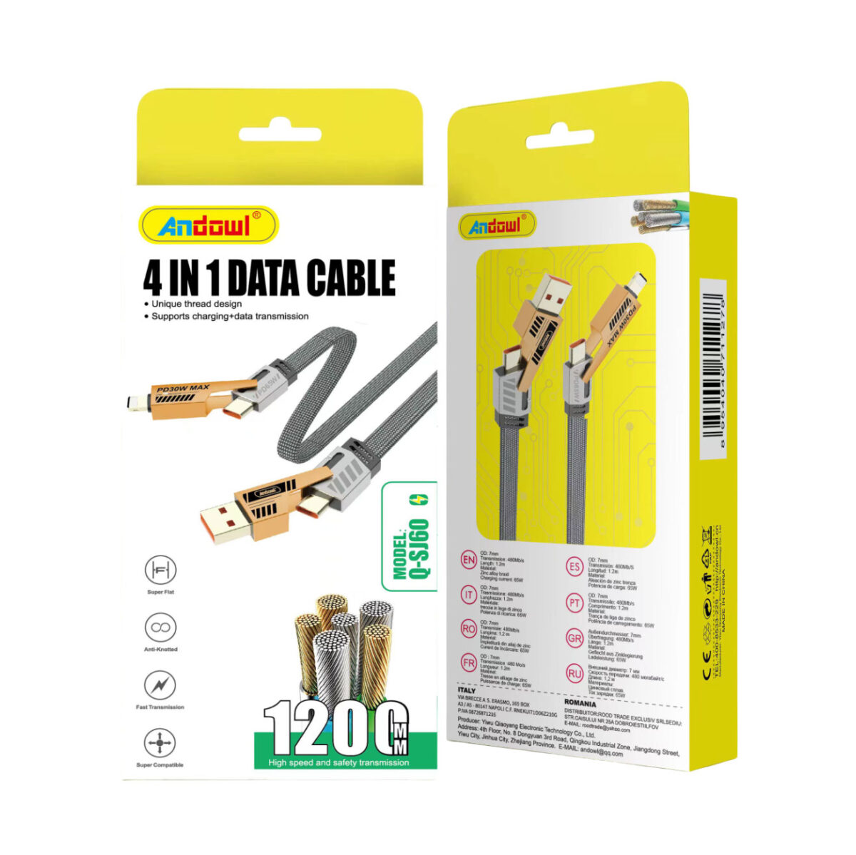 Andowl Καλώδιο Δεδομένων 4σε1 65W 120cm Q-SJ60 - 4in1 Data Cable - Image 4