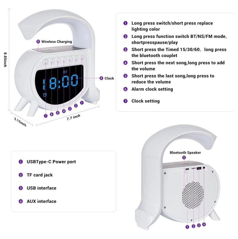 Andowl Ηχείο 4 σε 1 με Bluetooth, ασύρματο φορτιστή, ξυπνητήρι & ρολόι 15W 5A Pro - Wireless Charging Speaker - Image 5