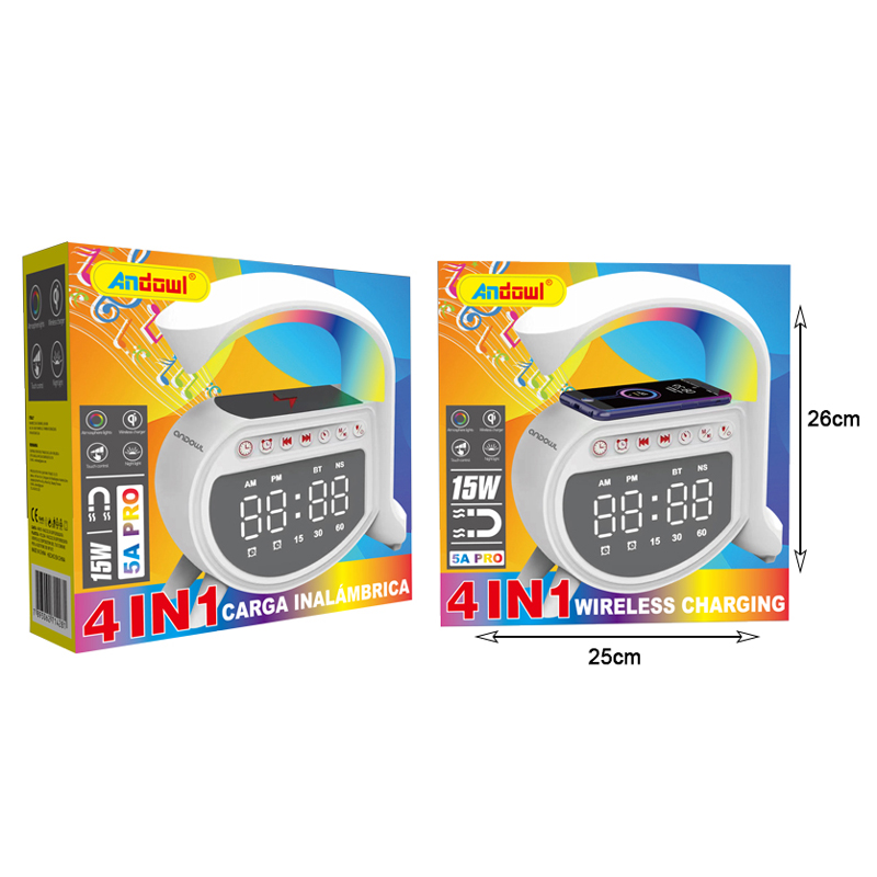 Andowl Ηχείο 4 σε 1 με Bluetooth, ασύρματο φορτιστή, ξυπνητήρι & ρολόι 15W 5A Pro - Wireless Charging Speaker - Image 6