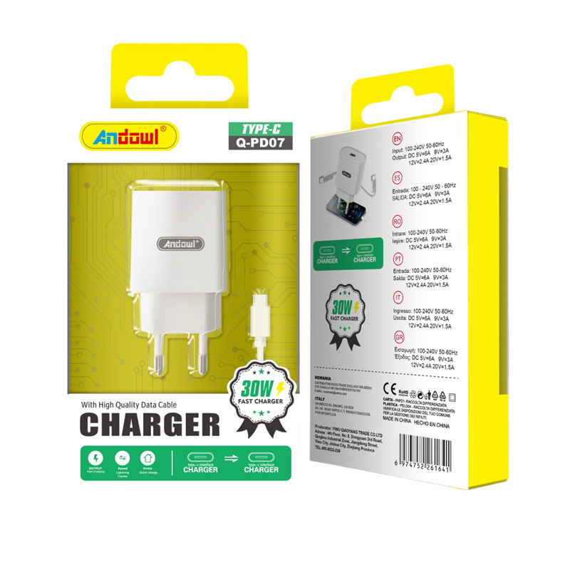 Andowl Φορτιστής με καλώδιο Type-C σε Type-C 30W Q-PD07 - Charger - Image 1