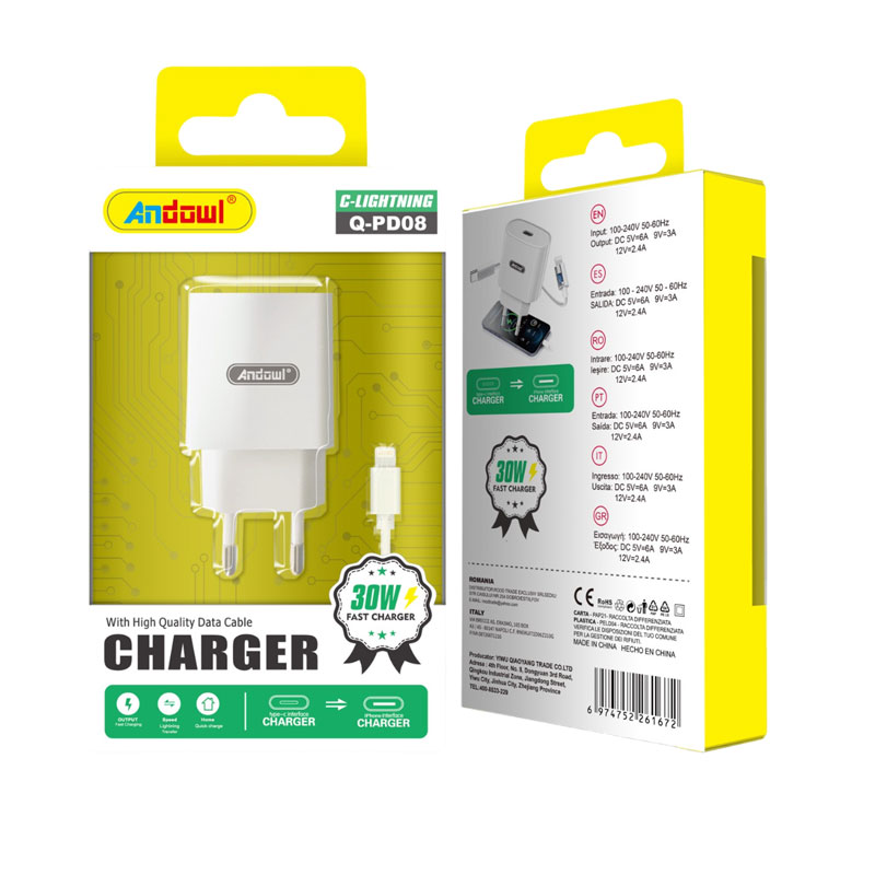 Andowl Φορτιστής με καλώδιο Type-C σε Lightning 30W Q-PD08 - Charger - Image 1