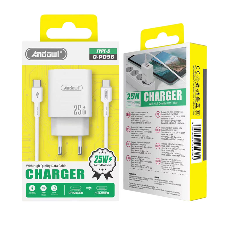 Andowl Φορτιστής με καλώδιο Type-C σε Type-C & USB-A 25W Q-PD96 - Charger - Image 1