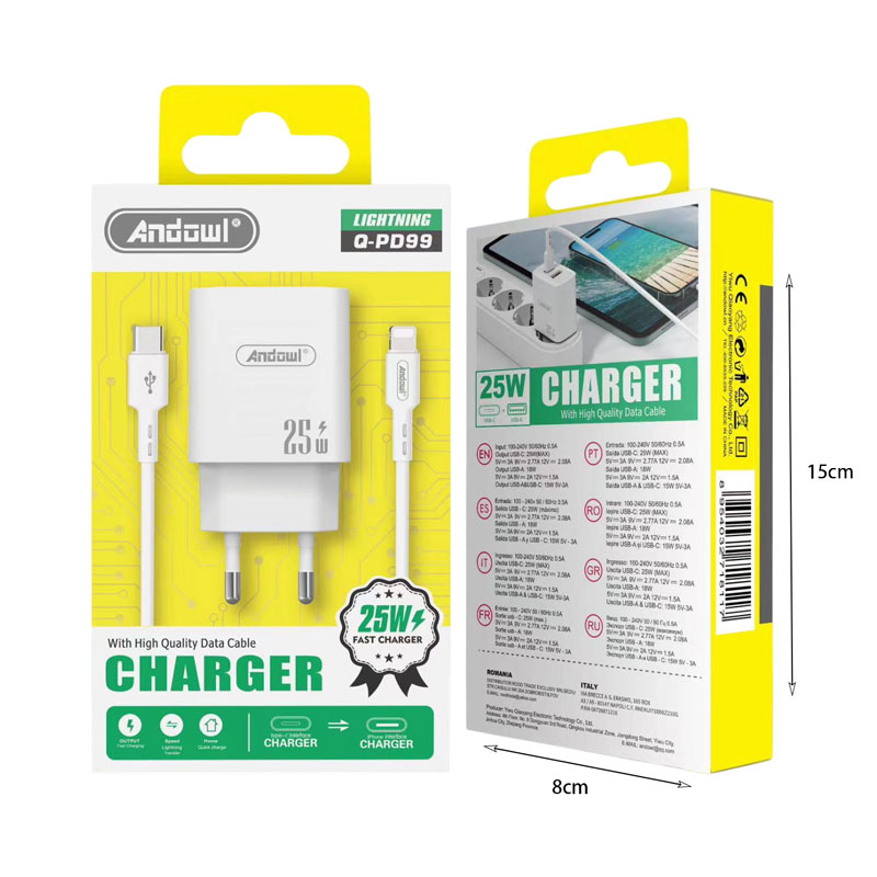 Andowl Φορτιστής με καλώδιο Type-C σε Lightning & θύρα USB-A 25W Q-PD99 - Charger - Image 2