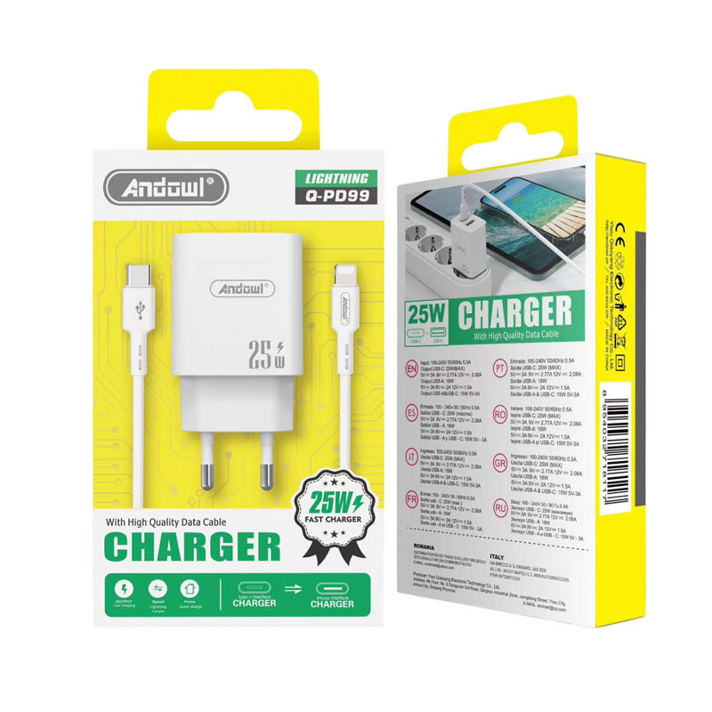 Andowl Φορτιστής με καλώδιο Type-C σε Lightning & θύρα USB-A 25W Q-PD99 - Charger - Image 1