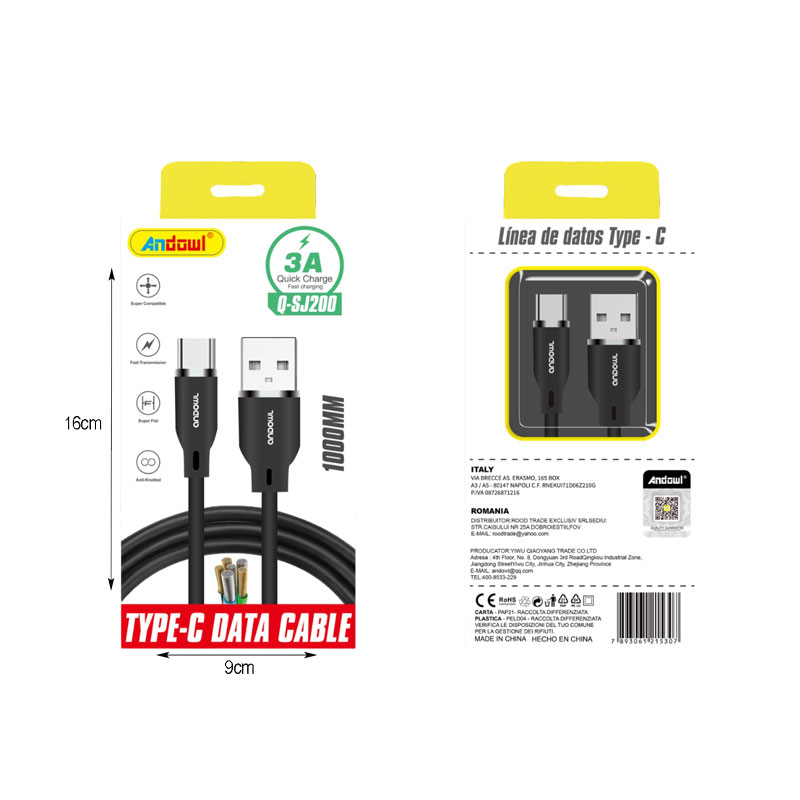 Andowl Καλώδιο Δεδομένων USB σε Type-C 1m 3A Q-SJ200- Data Cable - Image 2