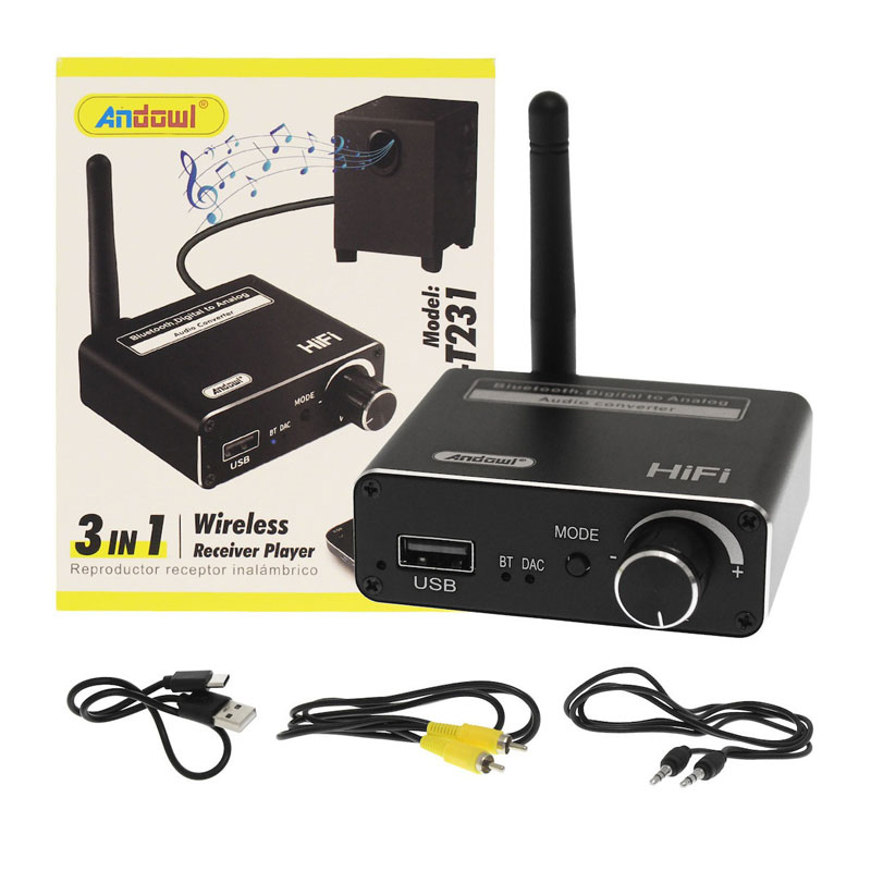 Andowl Bluetooth 5.0 Receiver με θύρα εξόδου USB Q-T231 - 3in1 Wireless Receiver Player - Image 1