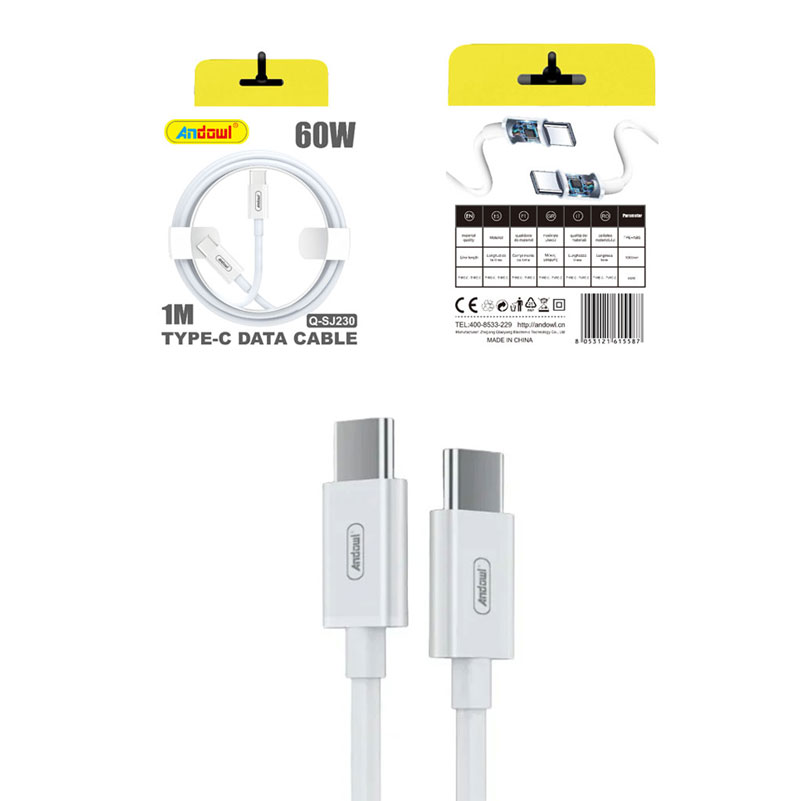 Andowl Q-SJ230 Καλώδιο γρήγορης φόρτισης TypeC 60W PD 1m Λευκό - Data Cable - Image 1