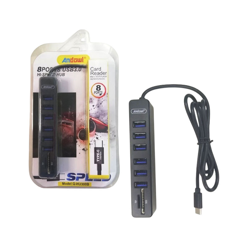 Andowl USB 3.0 Hub 8 Θυρών με σύνδεση USB-C Q-HU300B - Card Reader - Image 1