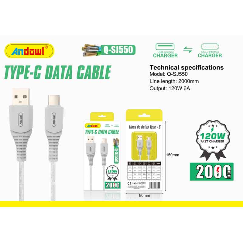 Andowl Καλώδιο δεδομένων USB σε Type-c 120W 2M Q-SJ550 - Data Fast Cable - Image 2