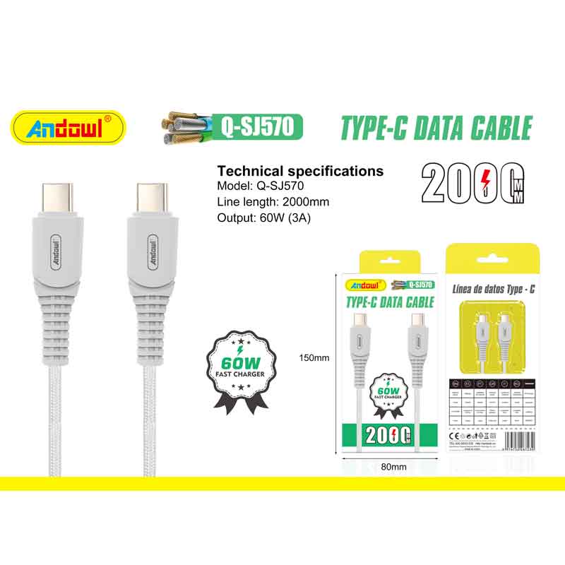Andowl Καλώδιο δεδομένων Type-c σε Type-c 60W 2Μ Q-SJ570 - Data Fast Cable - Image 2