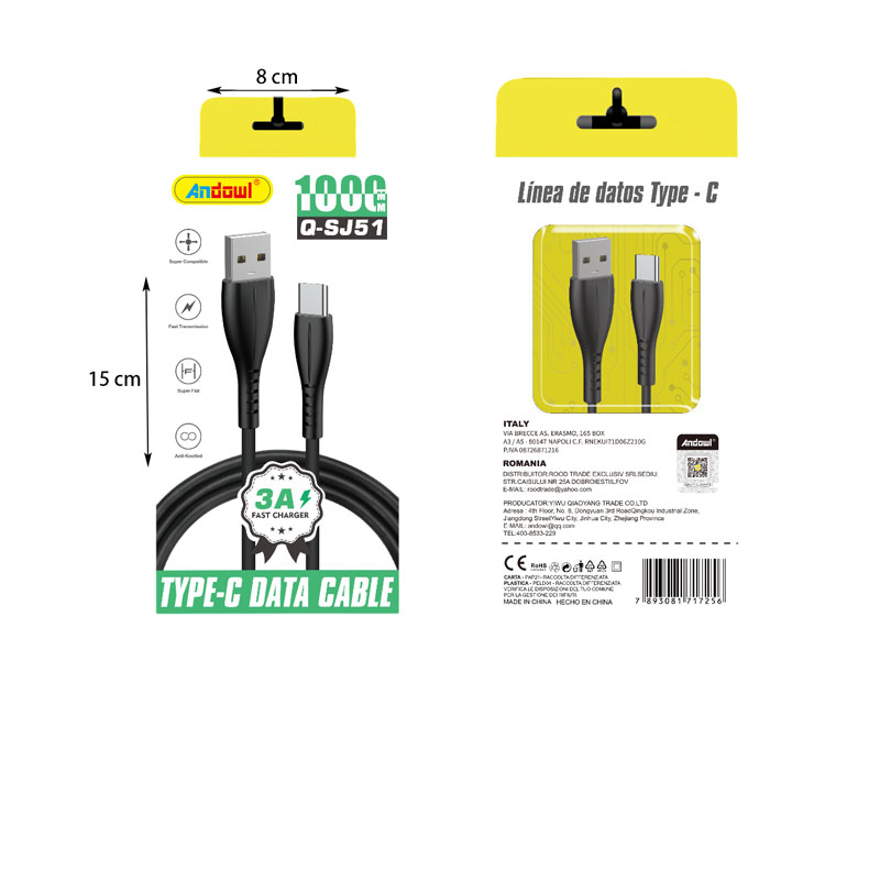 Andowl Καλώδιο δεδομένων USB σε Type-c 3A 1M Q-SJ51 - Data Cable - Image 2