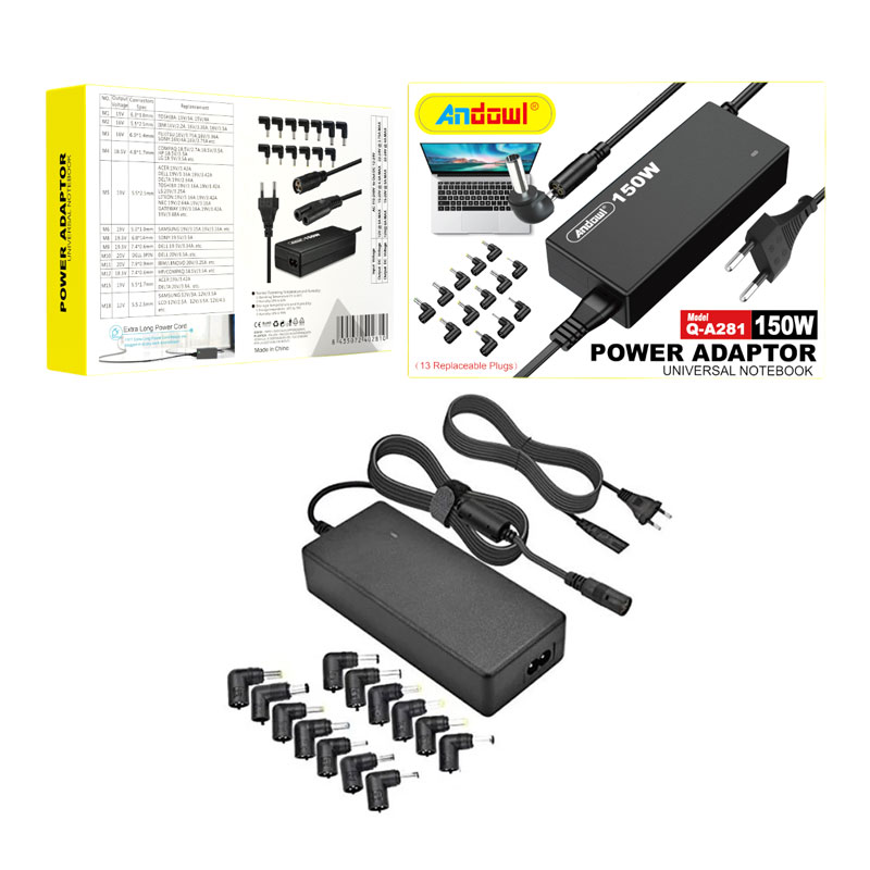 Andowl Q-A281 Universal Τροφοδοτικό 150W με Σετ 13 Εναλλασσόμενων Βυσμάτων - Universal laptop adaptor - Image 1